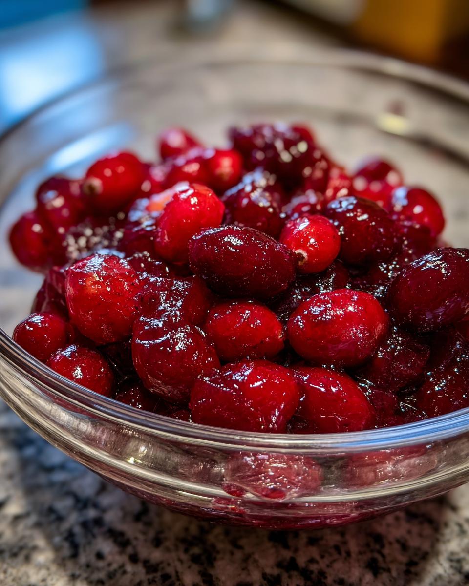 Close-up of Homemade Cranberry Sauce in a glass bowl, showing the vibrant red cranberries.