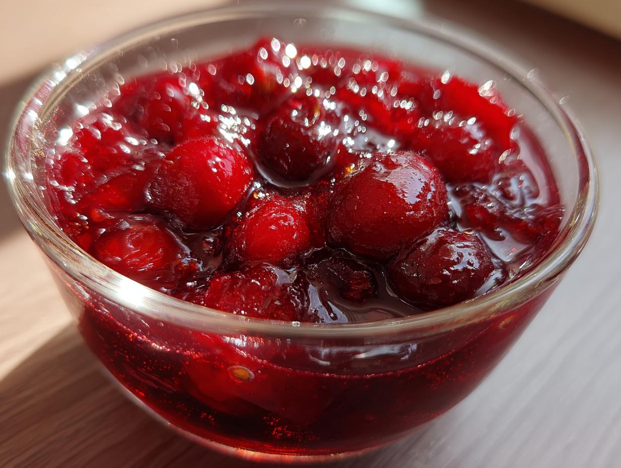 Close-up of a bowl of delicious homemade cranberry sauce, perfect for the holidays.