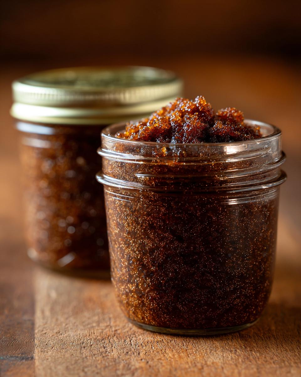Close-up of two homemade sugar scrub jars, one in focus, filled with a rich, brown sugar scrub.