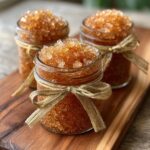 Three small glass jars filled with homemade sugar scrub, each tied with a gold ribbon, presented on a wooden board.
