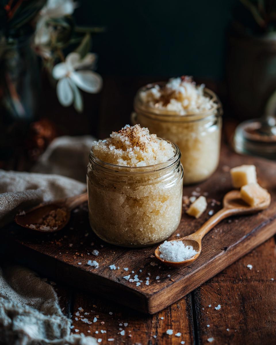 Two jars filled with homemade sugar scrub, perfect for gifts, with wooden spoons holding sugar and salt.