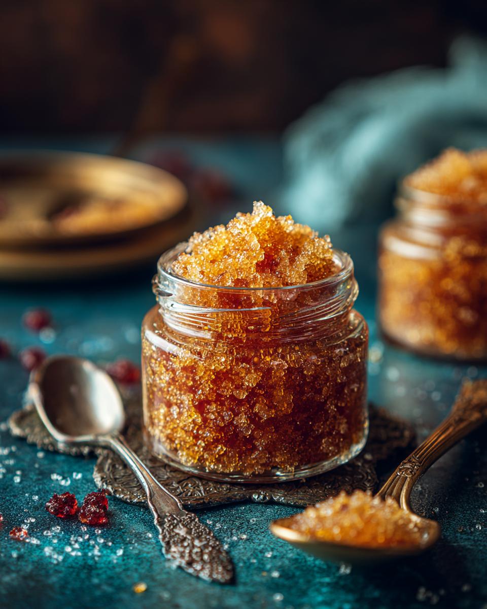 Close-up of a small glass jar filled with homemade sugar scrub, perfect for gifts.
