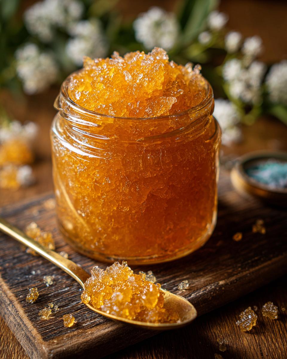 A close-up of a jar filled with homemade orange sugar scrub, with a spoonful of scrub in the foreground.