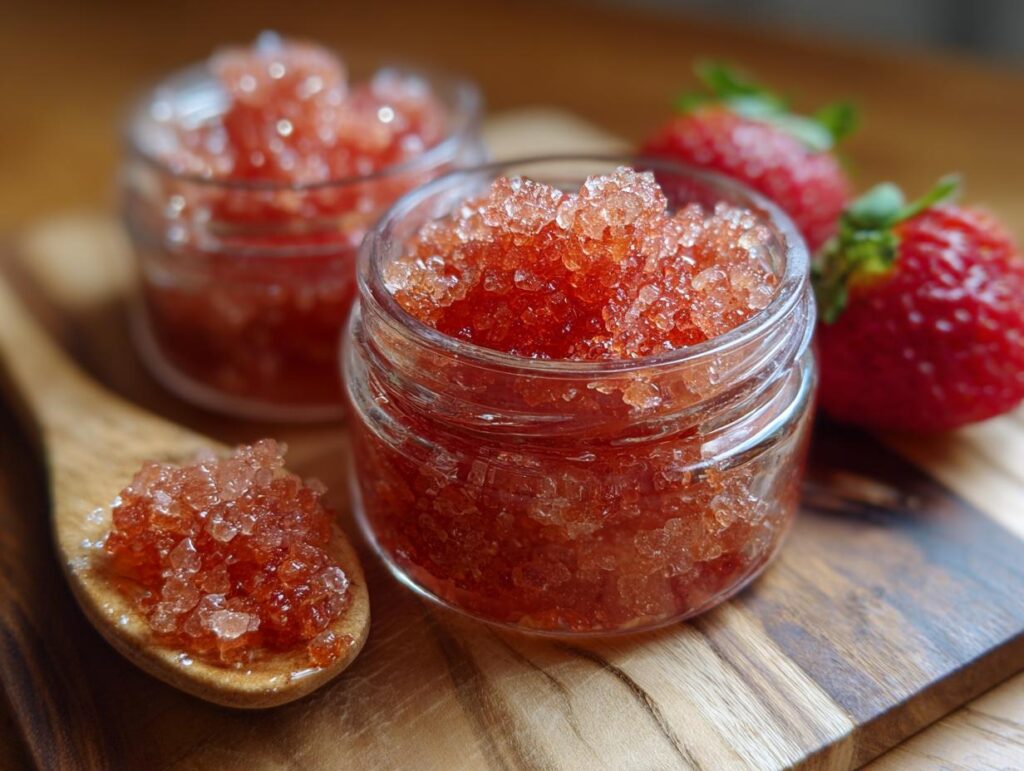 Close-up of a homemade sugar scrub jar filled with strawberry-scented scrub, with fresh strawberries and a wooden spoon nearby.