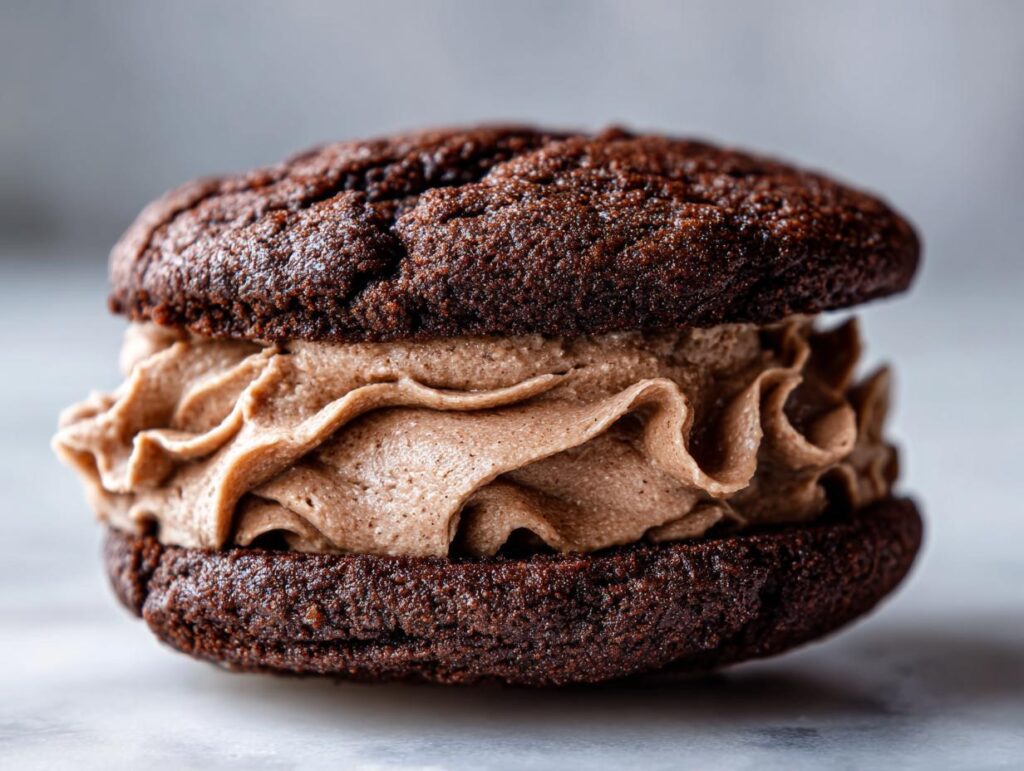 Close-up of a delicious Hot Chocolate Stuffed Sandwich Cookie with creamy filling.