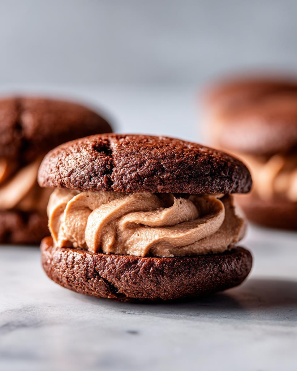 Close-up of a Hot Chocolate Stuffed Sandwich Cookie, showing the creamy filling between two chocolate cookies.