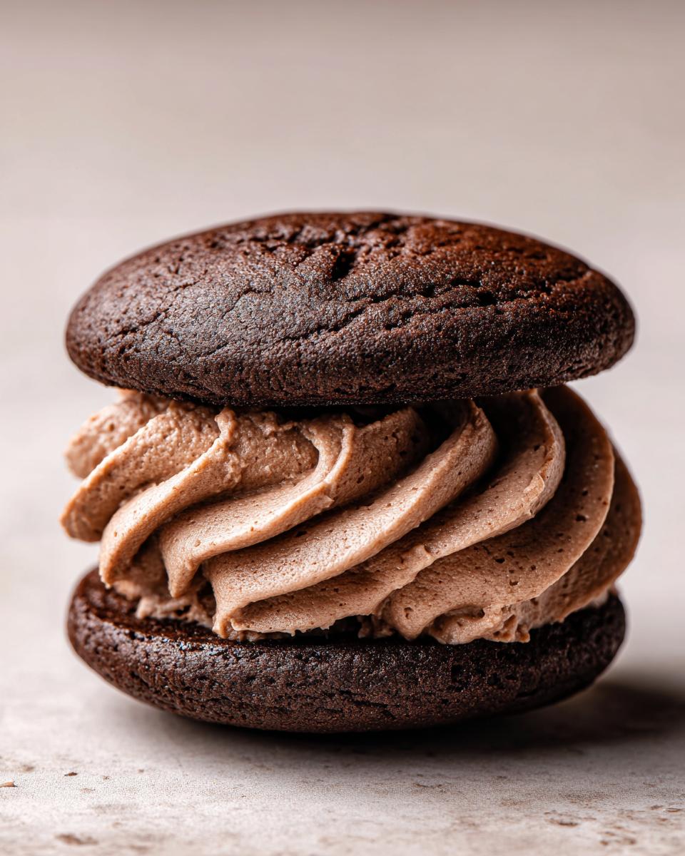 Close-up of a delicious Hot Chocolate Stuffed Sandwich Cookie with chocolate frosting filling.