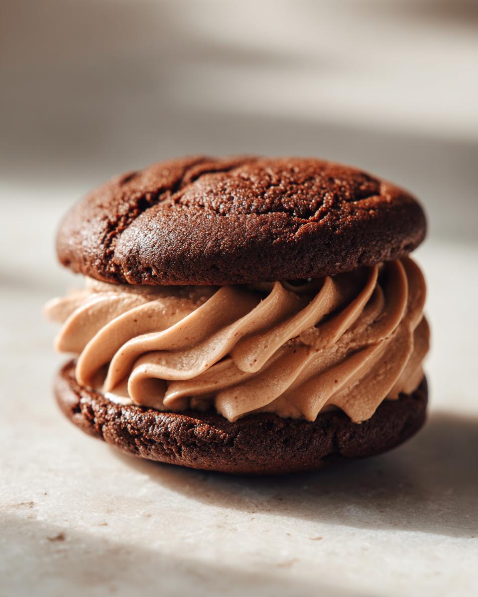 Close-up of a Hot Chocolate Stuffed Sandwich Cookie with chocolate cookies and creamy filling.