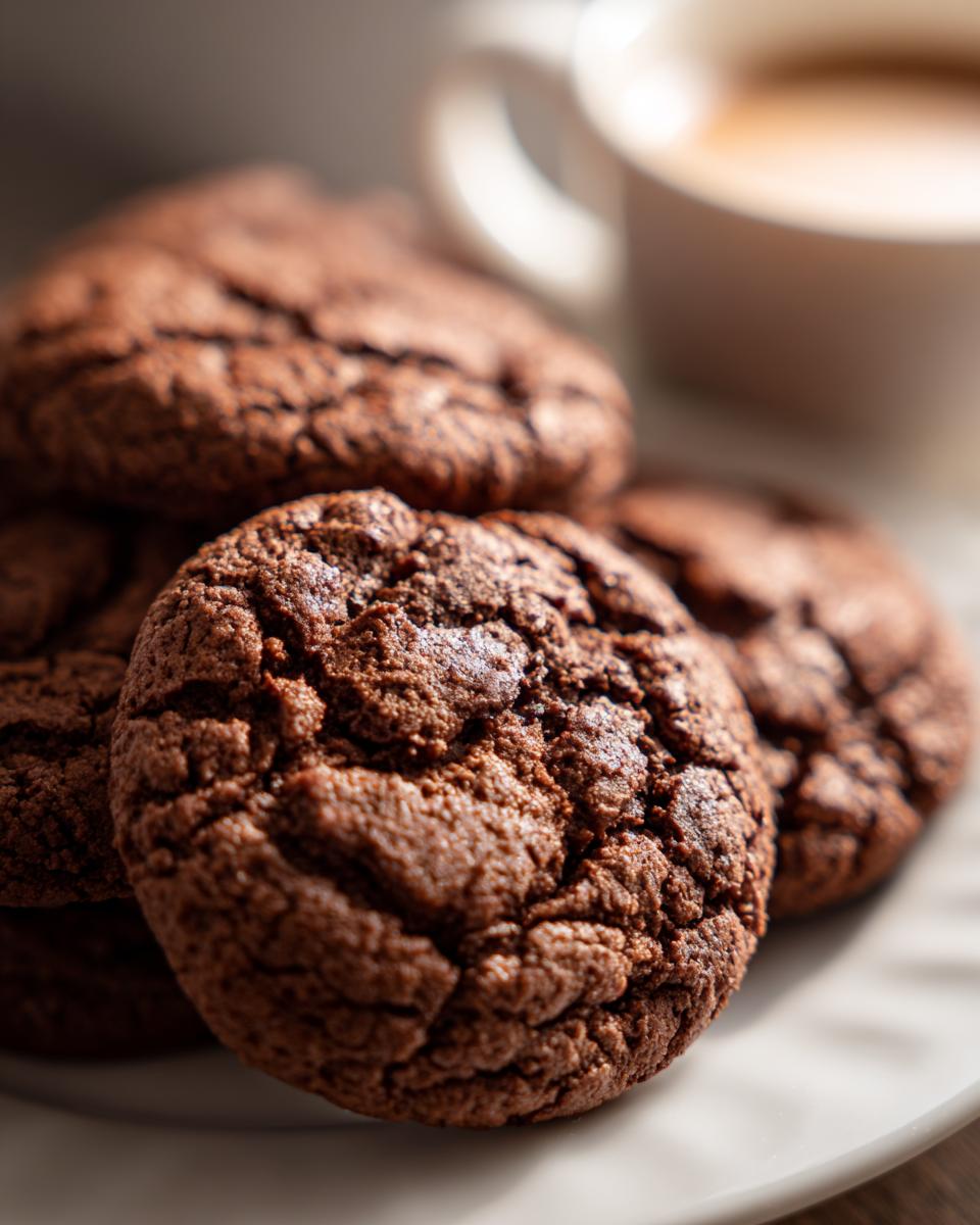 Close-up of rich, dark Hot Cocoa Cookies with a crinkled texture, served on a white plate with a blurred cup of coffee in the background.