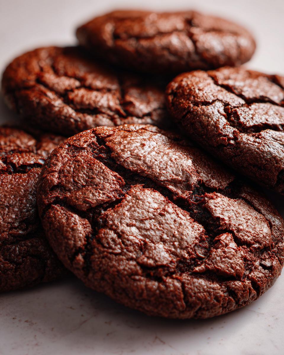 A close-up, overhead view of a pile of rich, dark chocolate Hot Cocoa Cookies with a cracked surface.
