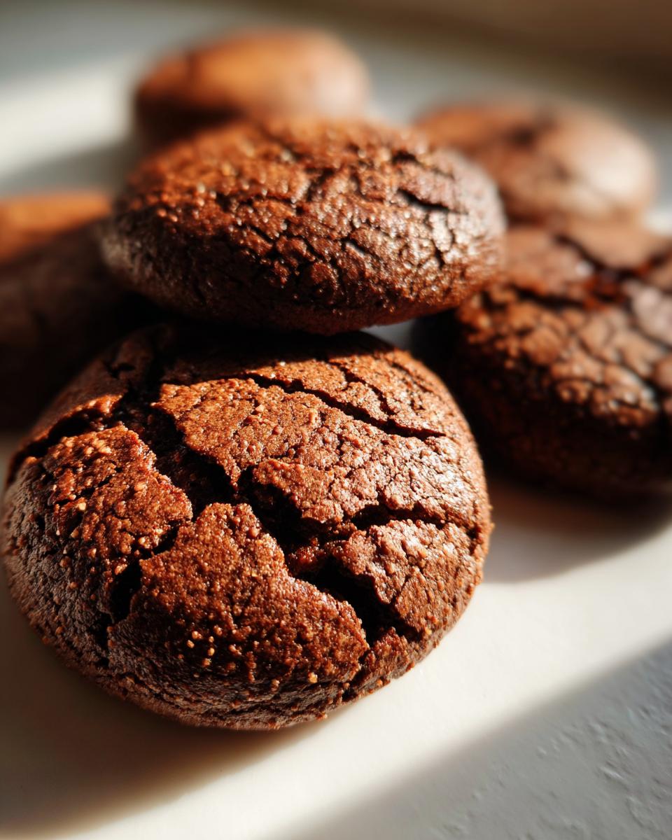 Close-up of rich, dark brown Hot Cocoa Cookies with a crinkled texture.
