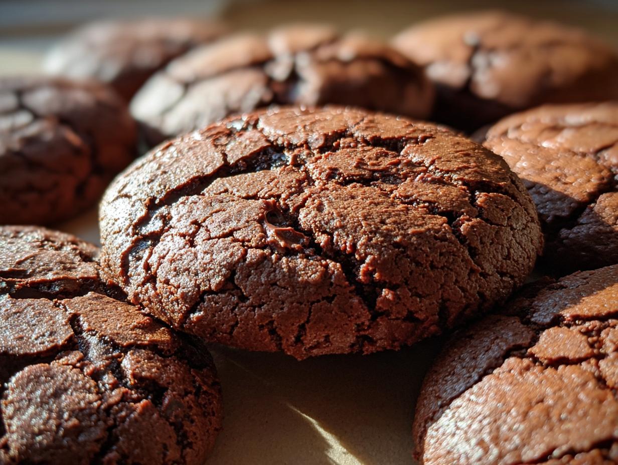 Close-up of rich, dark chocolate Hot Cocoa Cookies with a signature crinkled texture.