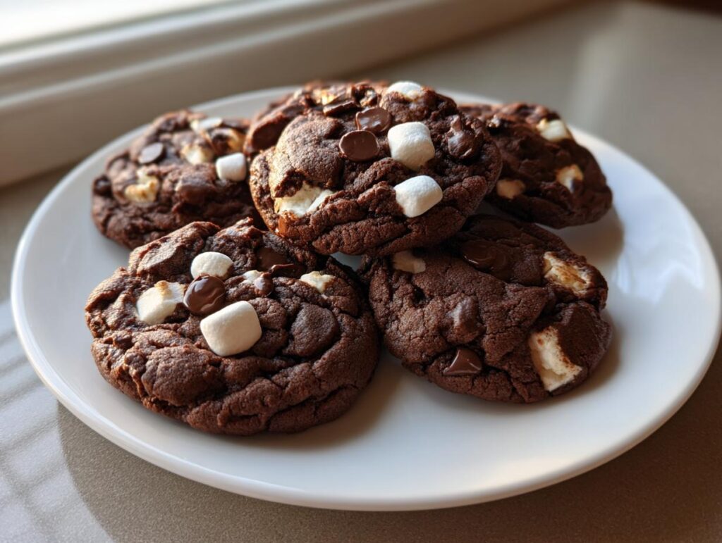 A plate of warm, gooey Hot Cocoa Cookies studded with chocolate chips and mini marshmallows.