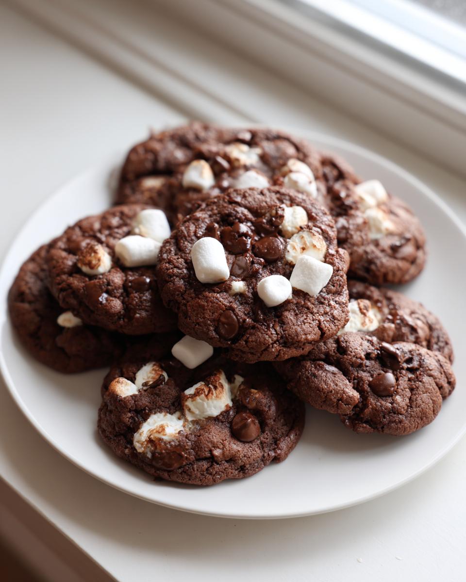 A pile of rich, dark Hot Cocoa Cookies topped with melted marshmallows and chocolate chips.