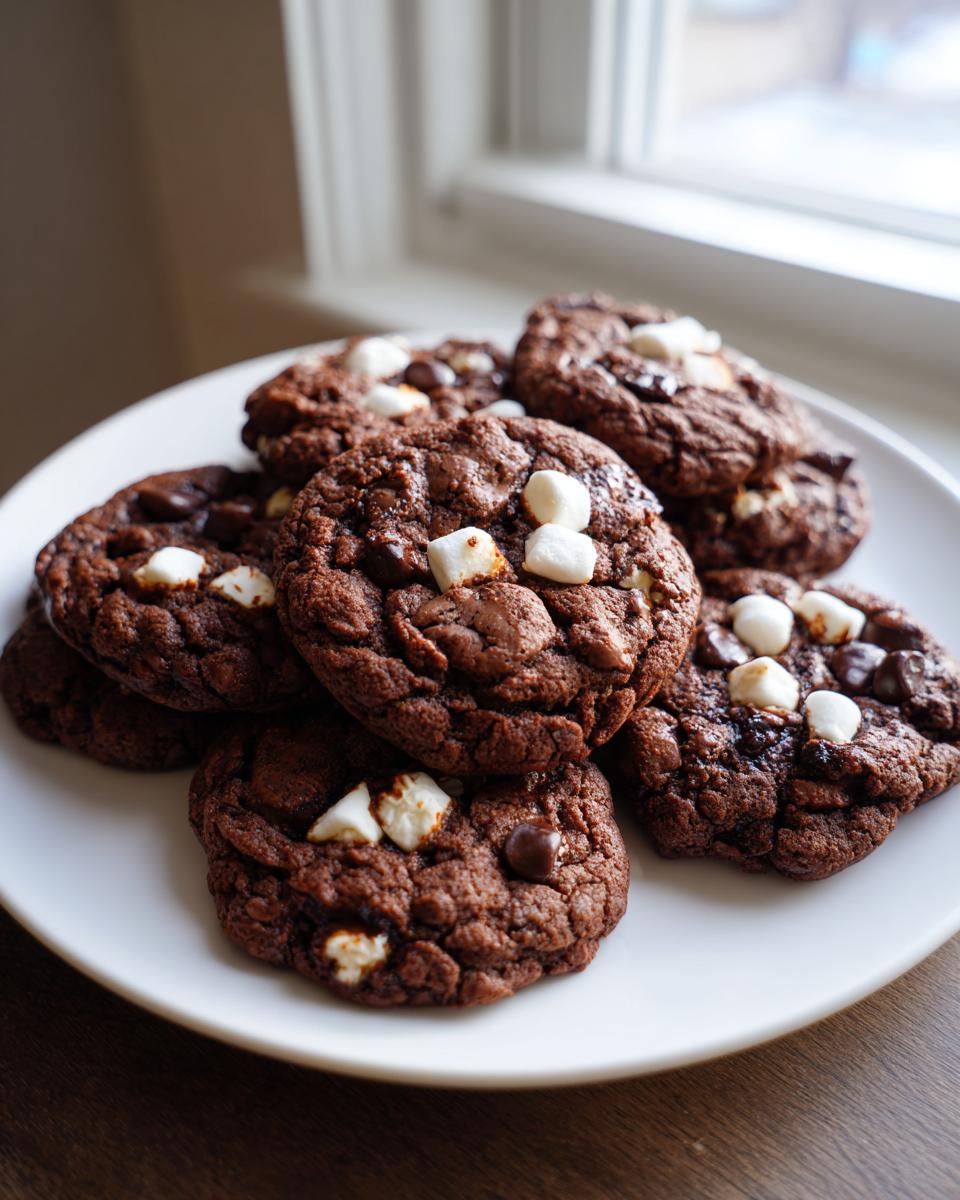 A pile of rich, dark chocolate Hot Cocoa Cookies topped with mini marshmallows and chocolate chips.