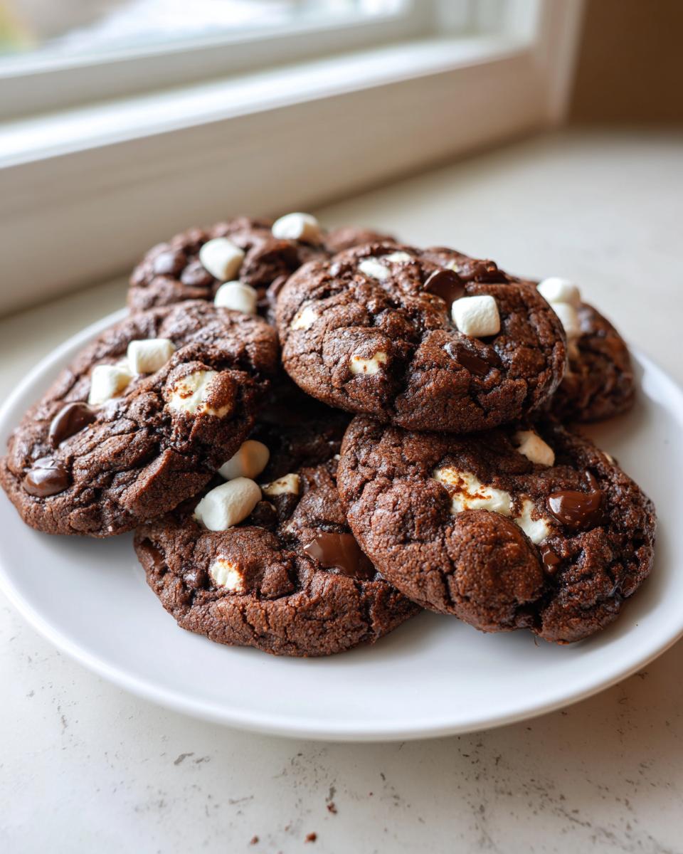 A pile of rich chocolate Hot Cocoa Cookies topped with mini marshmallows and chocolate chips.