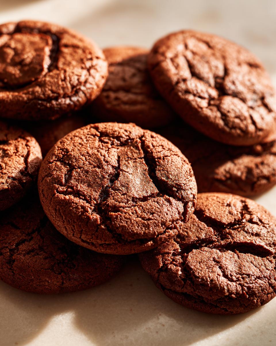 A close-up view of a pile of rich, dark brown Hot Cocoa Cookies with a cracked surface.