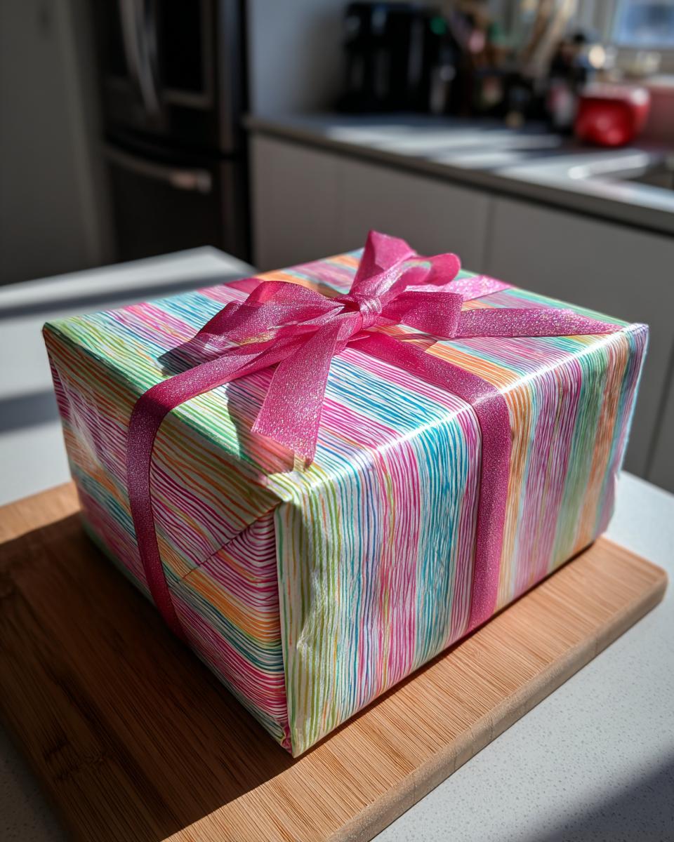 A gift wrapped in vibrant, multi-colored striped paper with a sparkly pink ribbon, ready to be presented.