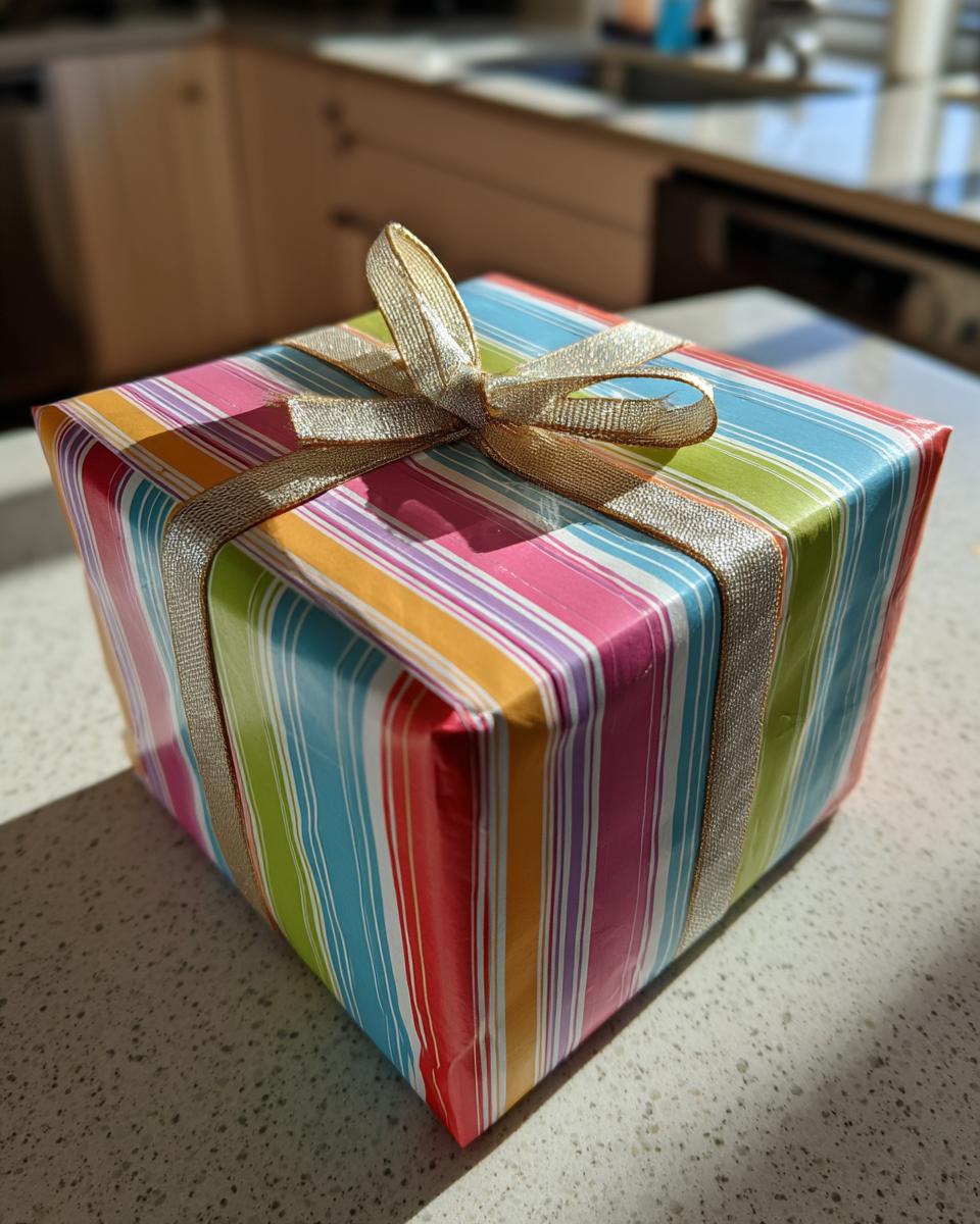 A brightly colored, striped gift box tied with a gold ribbon, showcasing how to wrap odd-shaped gifts.