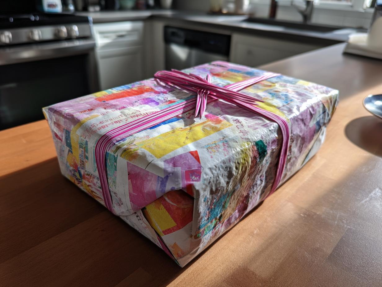 A rectangular gift box wrapped in colorful, textured paper and tied with pink ribbon, demonstrating how to wrap odd-shaped gifts.