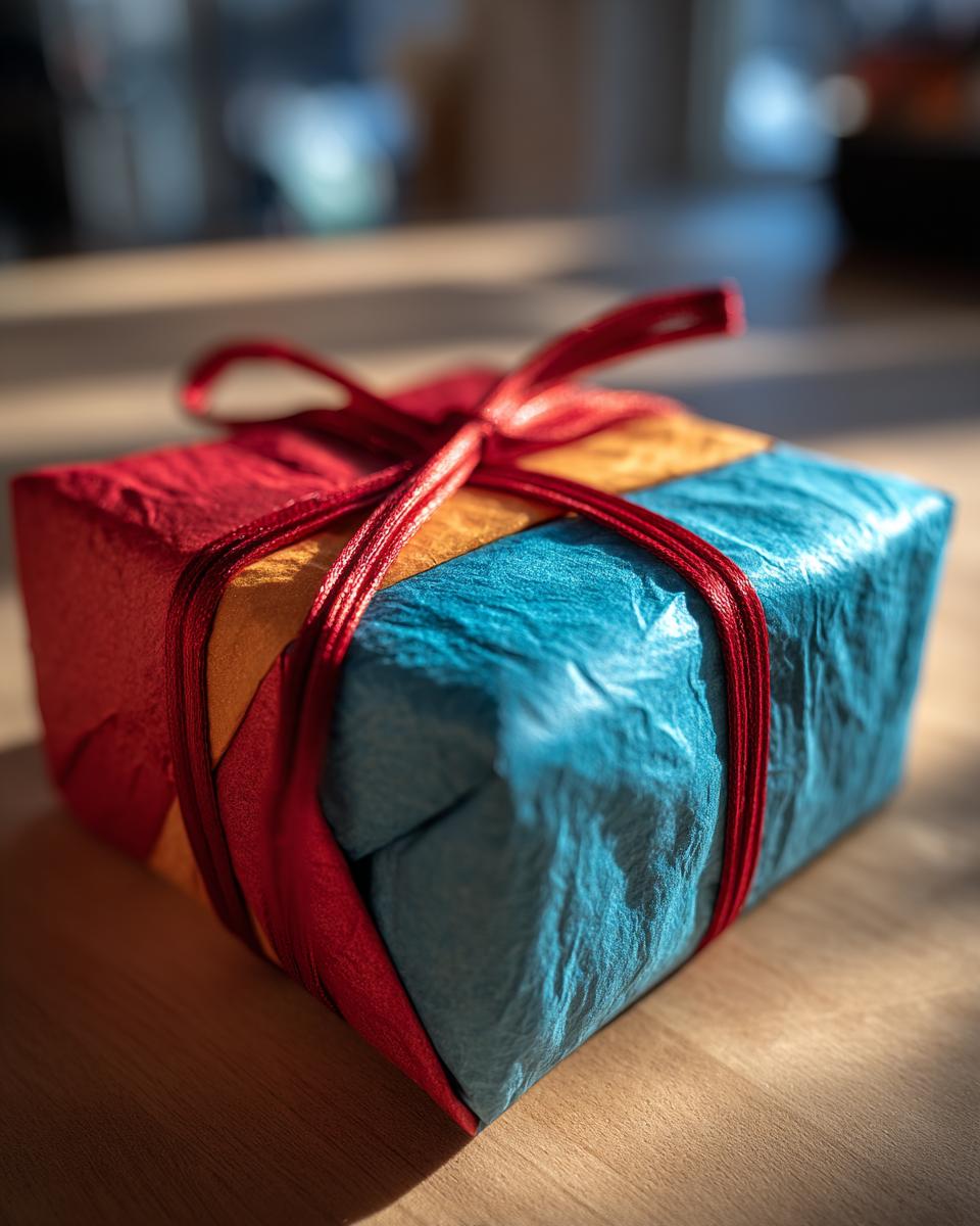 A colorful, odd-shaped gift wrapped in blue and red paper with a red ribbon.