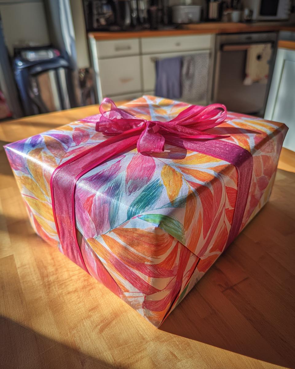 A beautifully wrapped gift with colorful leaf pattern paper and a bright pink ribbon, demonstrating how to wrap odd-shaped gifts.