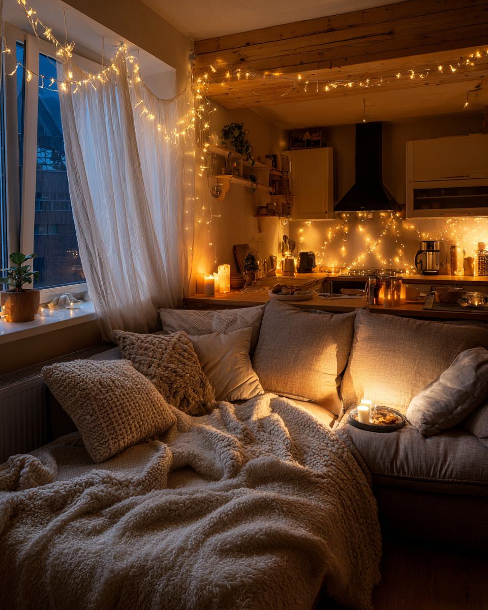 A cozy living space with plush pillows, a warm blanket, candles, and fairy lights, embodying hygge-inspired winter home decor.
