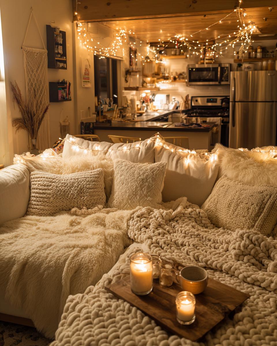 A cozy living room with a plush sectional sofa, soft blankets, pillows, candles, and string lights, embodying Hygge-Inspired Winter Home Decor.