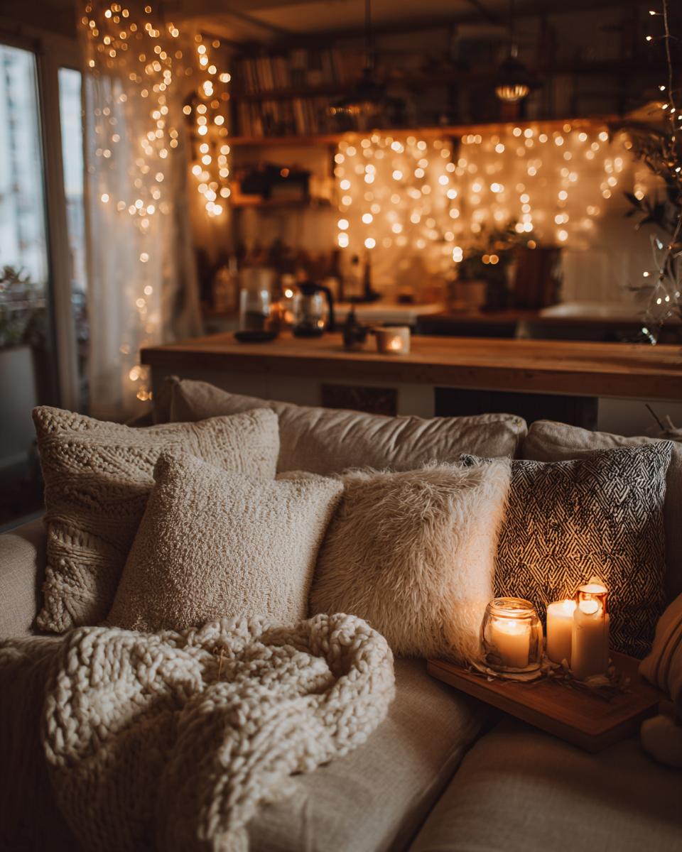 A cozy sofa with plush pillows and a knitted blanket, illuminated by warm fairy lights and candles, embodying Hygge-Inspired Winter Home Decor.