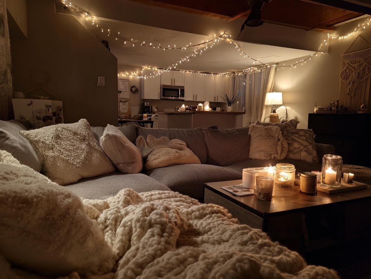 Cozy living room with hygge-inspired winter home decor, featuring string lights, plush pillows, candles, and a chunky knit blanket.