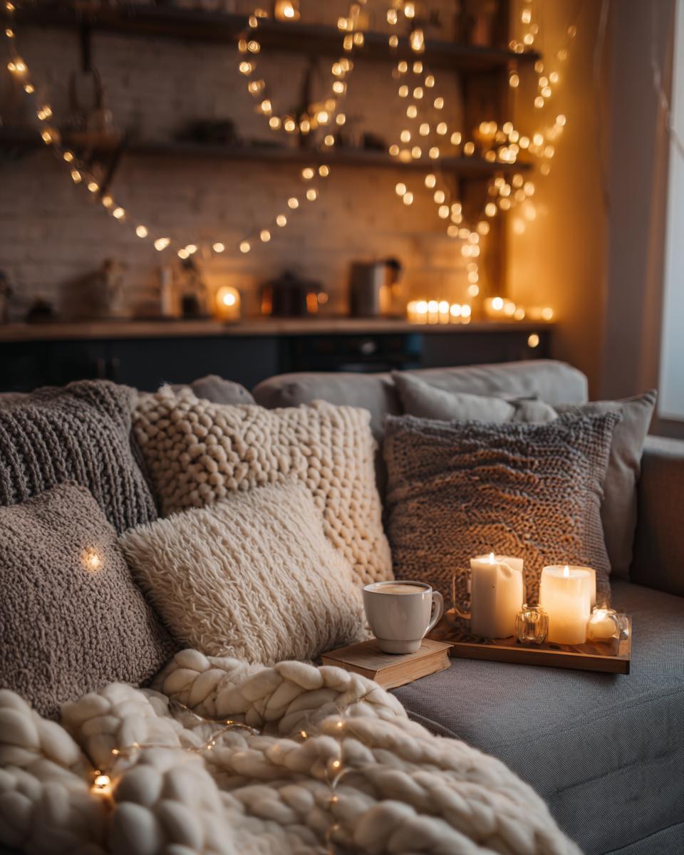 Cozy couch scene with plush pillows, a warm blanket, candles, and fairy lights, embodying Hygge-Inspired Winter Home Decor.