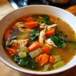 Close-up of a bowl of Immune-Boosting Chicken & Ginger Soup with carrots, celery, and spinach.