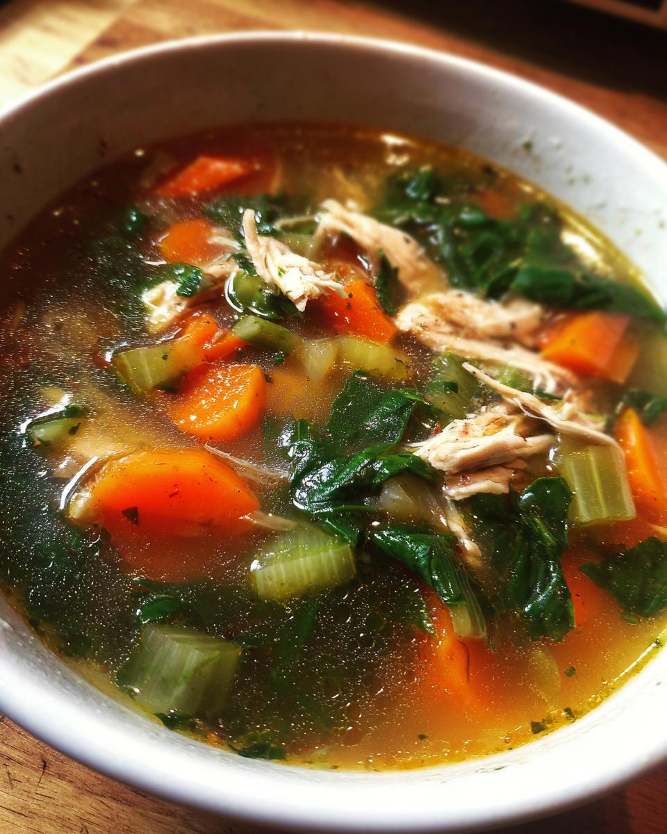 Close-up of a bowl of Immune-Boosting Chicken & Ginger Soup with chicken, carrots, and greens.