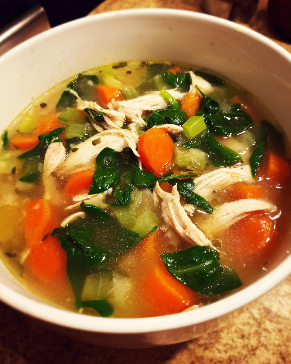 A bowl of Immune-Boosting Chicken & Ginger Soup with chicken, carrots, and greens.