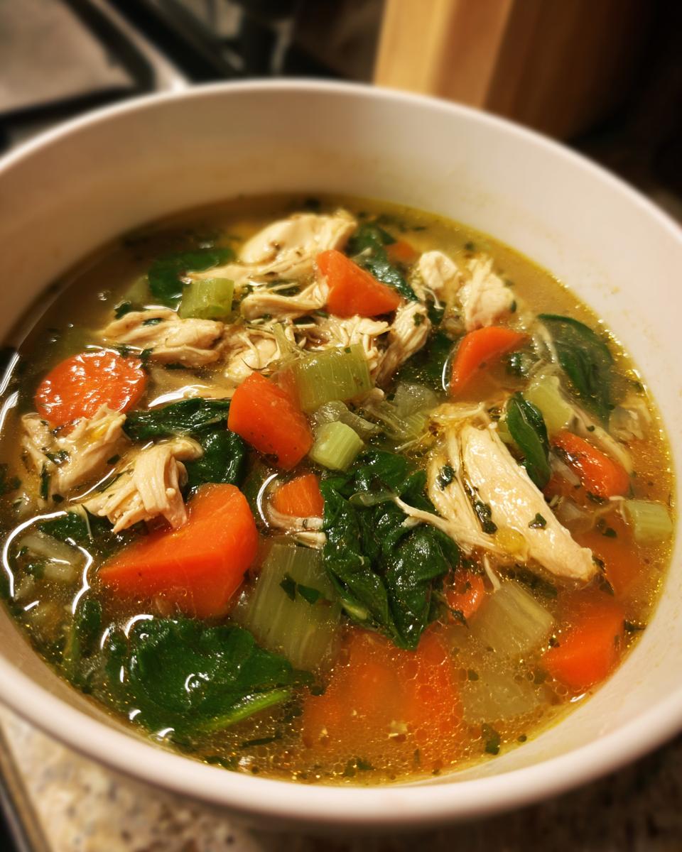 Close-up of a bowl of Immune-Boosting Chicken & Ginger Soup with carrots, chicken, and spinach.