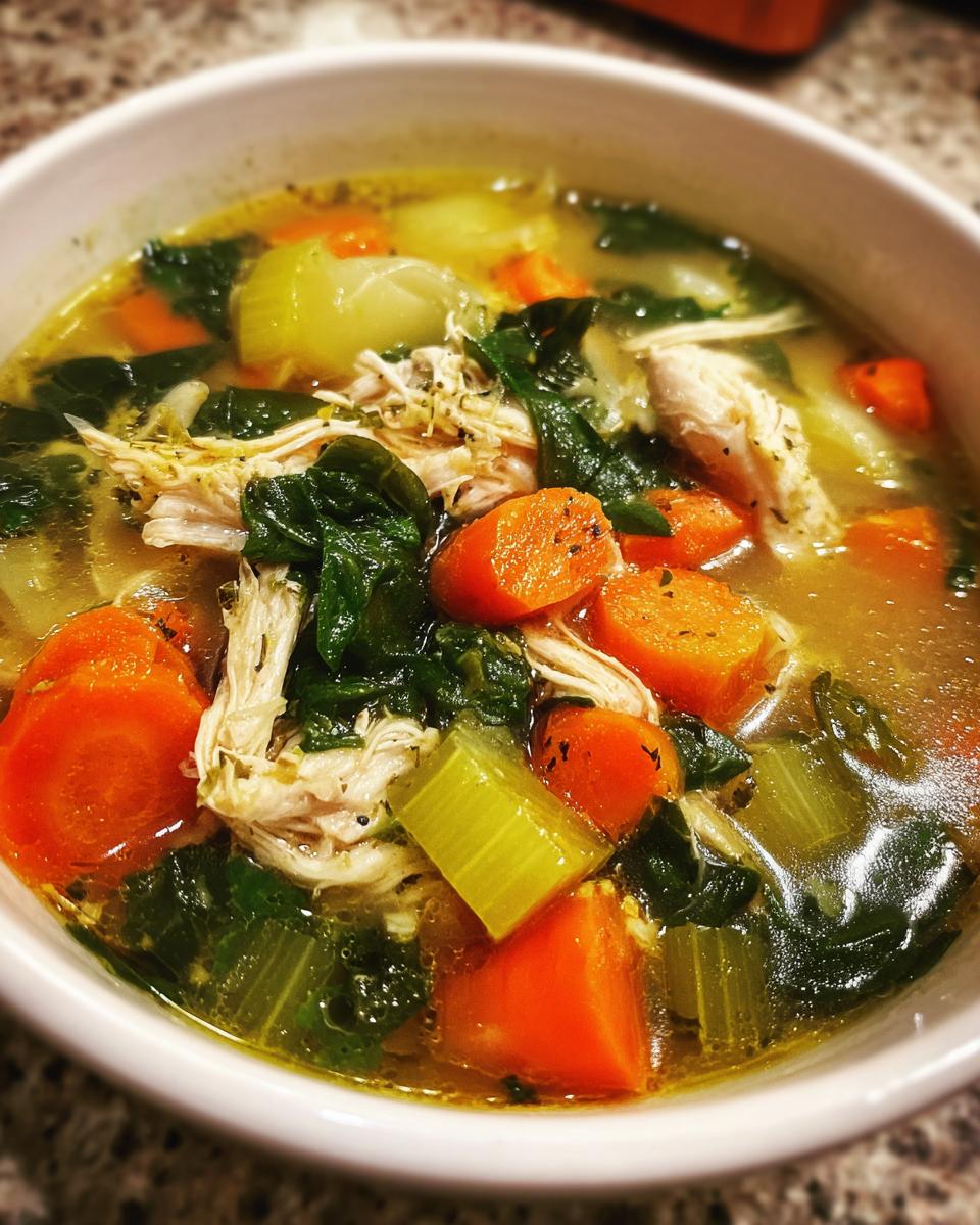 Close-up of a bowl of Immune-Boosting Chicken & Ginger Soup with chicken, carrots, and greens.