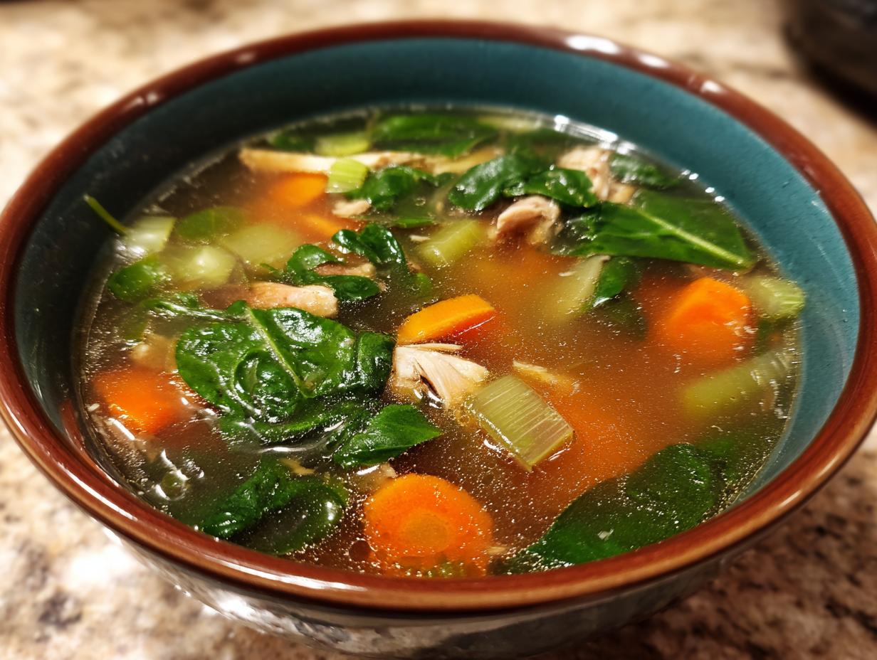 A bowl of Immune-Boosting Chicken & Ginger Soup with vegetables and chicken.