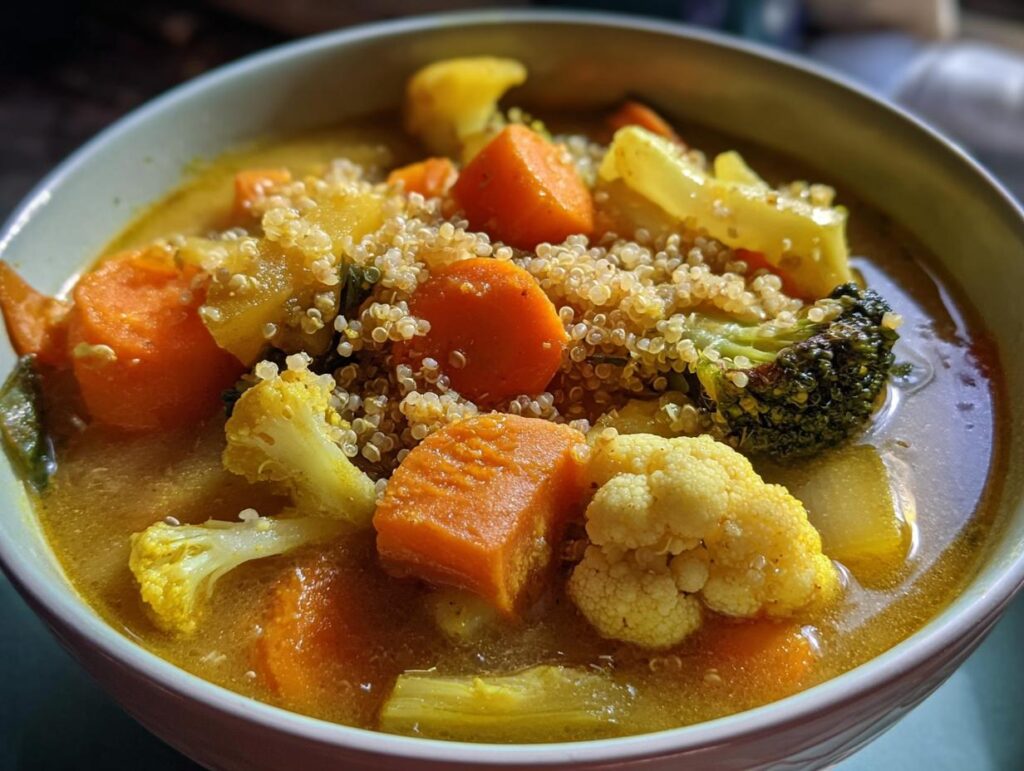 Close-up of a bowl of Immune-Boosting Turmeric Veggie Soup with quinoa and colorful vegetables.