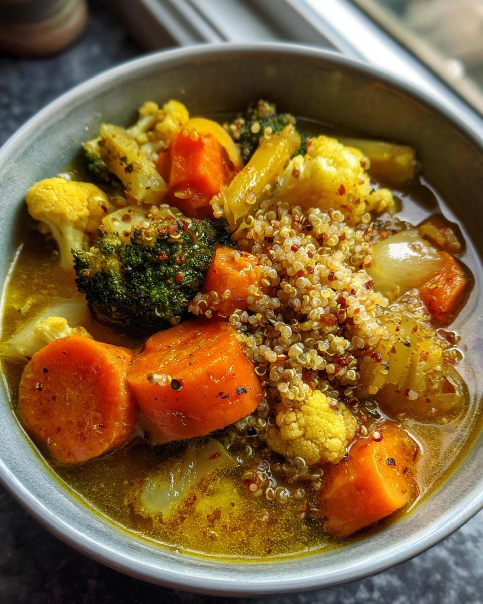 Close-up of a bowl of Immune-Boosting Turmeric Veggie Soup with carrots, broccoli, and quinoa.