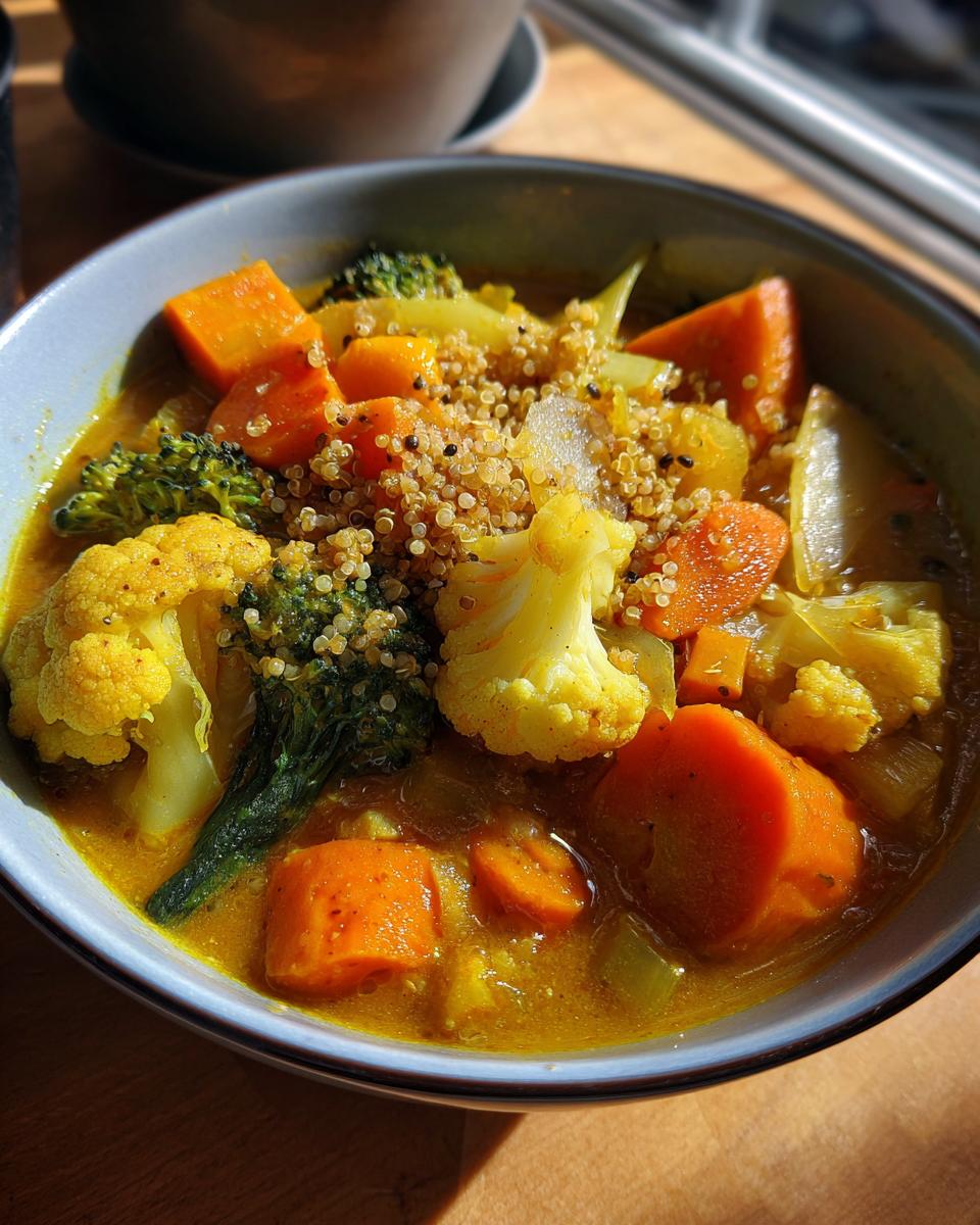 Close-up of a bowl of Immune-Boosting Turmeric Veggie Soup with carrots, broccoli, and cauliflower.