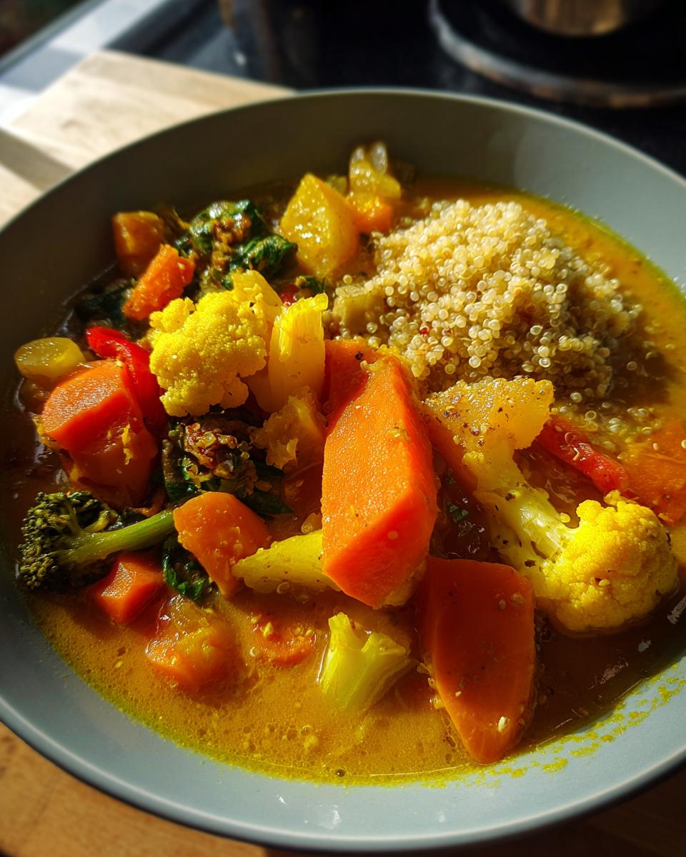 A bowl of Immune-Boosting Turmeric Veggie Soup with quinoa, carrots, cauliflower, and broccoli.