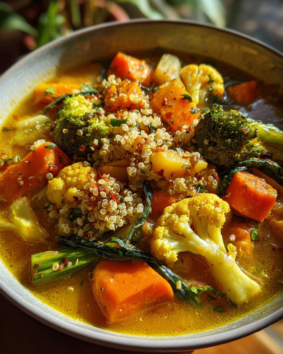 Overhead shot of a bowl of Immune-Boosting Turmeric Veggie Soup with quinoa and fresh vegetables.