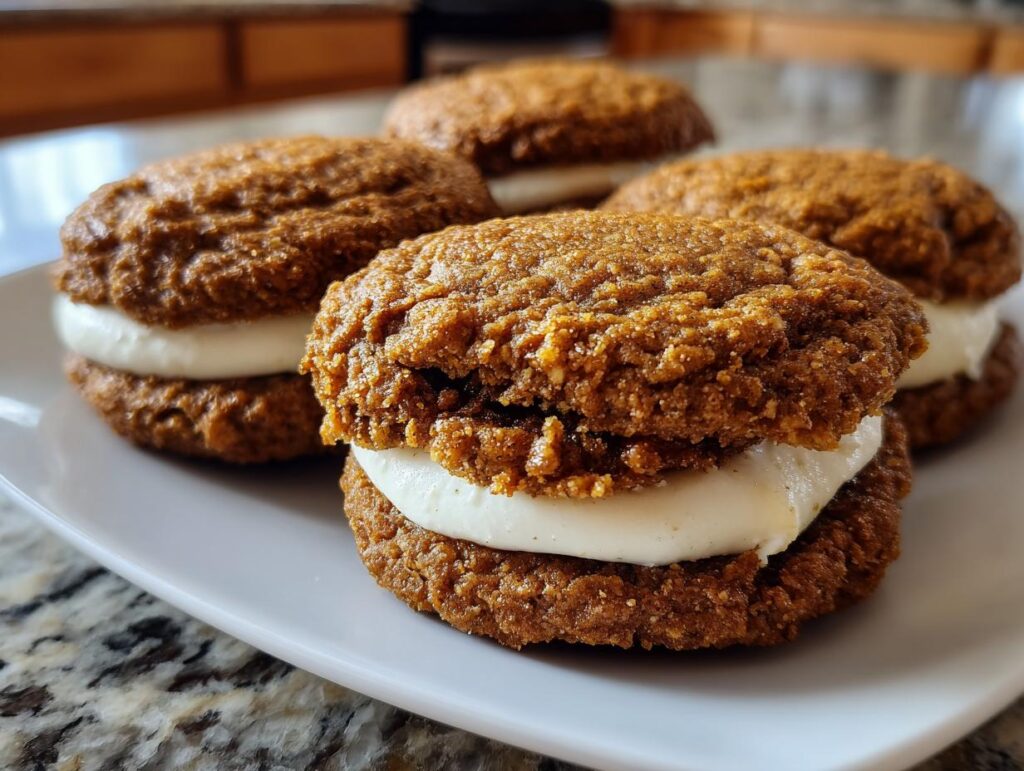 Close-up of Incredible Gingerbread Oatmeal Cream Pies filled with creamy white frosting.