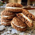 A stack of Incredible Gingerbread Oatmeal Cream Pies, with one pie broken in half to show the creamy filling.