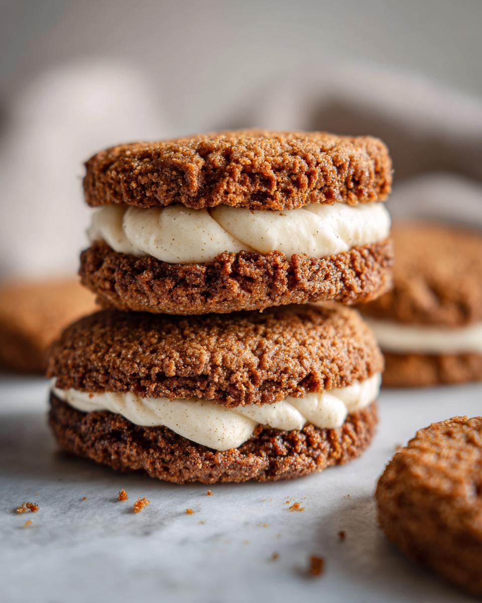 A stack of two Incredible Gingerbread Oatmeal Cream Pies filled with creamy frosting, with more pies in the background.