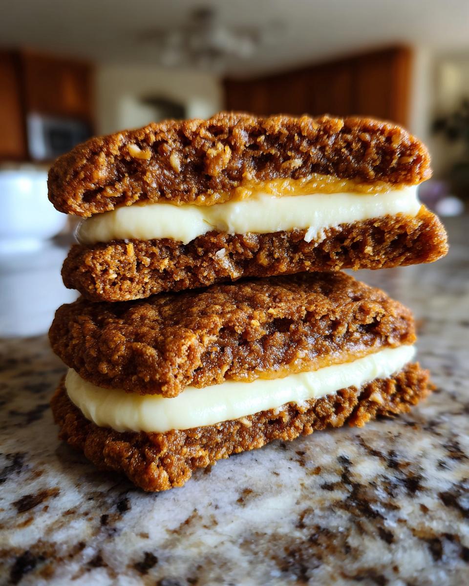 A close-up of two Incredible Gingerbread Oatmeal Cream Pies stacked on top of each other, showing the creamy filling.