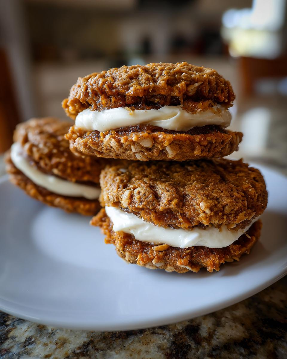 A stack of three Incredible Gingerbread Oatmeal Cream Pies on a white plate, showing the creamy filling between the cookies.