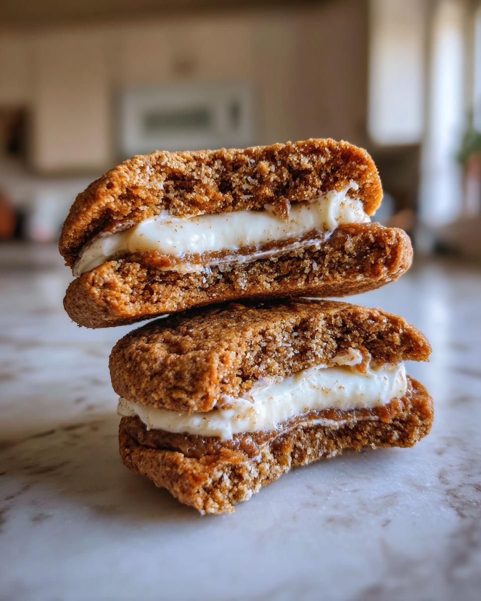 Close-up of two Incredible Gingerbread Oatmeal Cream Pies stacked on a marble surface, showing the creamy filling.