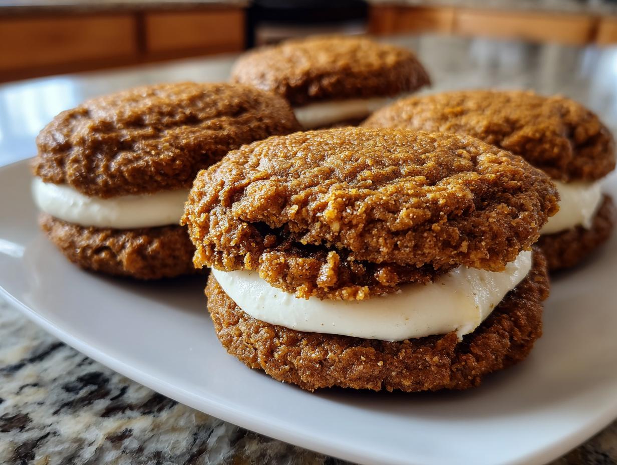 Close-up of Incredible Gingerbread Oatmeal Cream Pies filled with creamy white frosting.