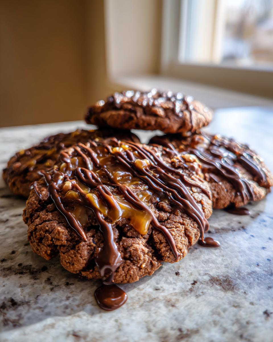 Close-up of Insanely Delicious Turtle Cookies drizzled with chocolate and caramel.